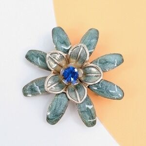 VTG Enamel Flower Brooch 3D‎ Teal Glitter Blue Rhinestone Shaded Petal Mod
